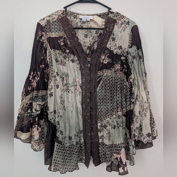 dressbarn Tops - dressbarn Brown & Sage Floral Patchwork Lace-Trim Blouse Fairy Top Very Y2K